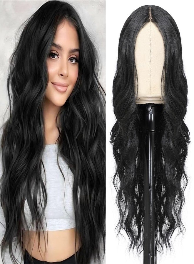 ShowCoco Black Wig for Women 26 Inch Pre Cut Hand-Tied Lace Long Wavy Natural Hairline Middle Part Hair Replacement Wigs for Women Beginners Natural Synthetic Wig for Daily Party 3 Seconds to Wear - Image 1